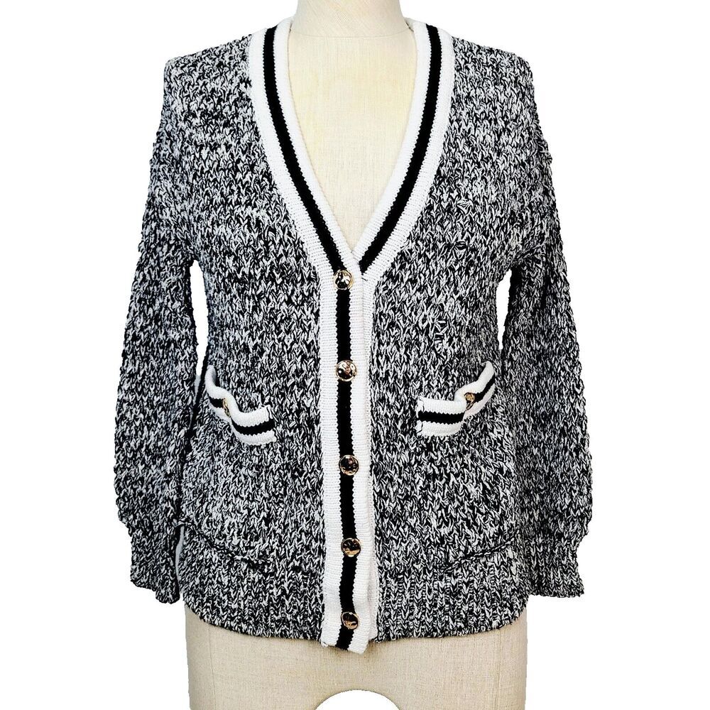 Anthropologie Maeve Tweed Boyfriend Cardigan Sweater XSP Black White Marled Knit